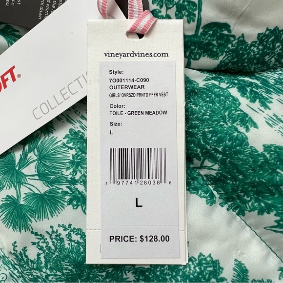 Vineyard Vines Oversized Printed Puffer Vest Toile Green Meadow Girls - Size L - Picture 8 of 9
